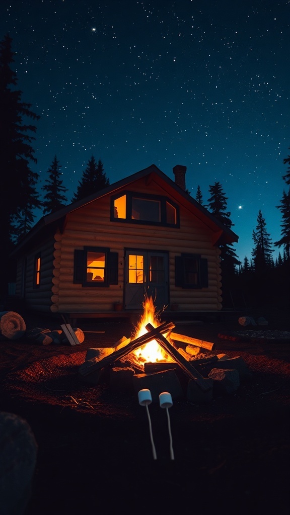 A cozy cabin with a campfire in front, surrounded by trees and a starry night sky.