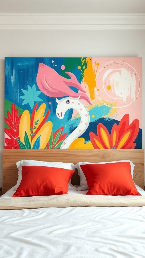 Vibrant wall art above a bed with colorful flowers and a playful giraffe illustration.
