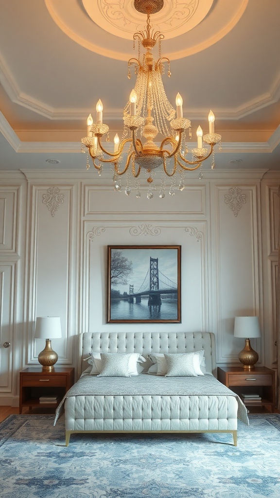 Elegant chandelier in a master bedroom with a stylish bed and decor.