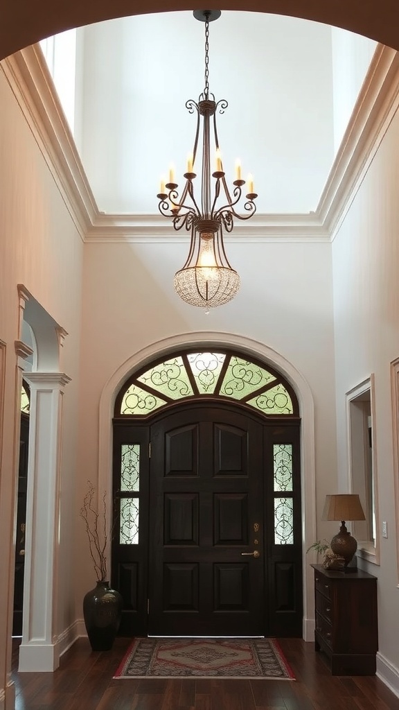A beautifully designed entry foyer with a chandelier, dark wooden door, and elegant decor.