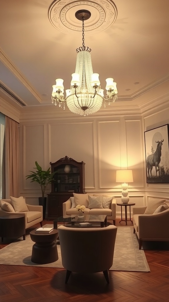 Stylish living room featuring a chandelier and elegant furnishings.