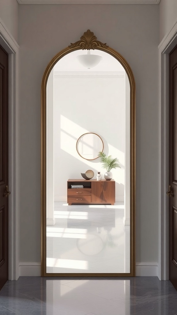 A stylish arched mirror with a golden frame reflecting a bright entryway.