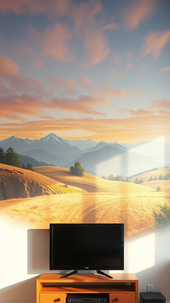 A modern living room with a mountain landscape mural above a TV on a wooden stand.