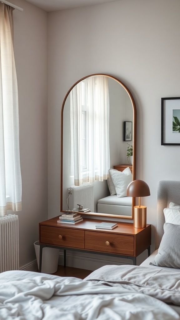 A small bedroom featuring a stylish mirror above a wooden dresser, reflecting light and enhancing the space.