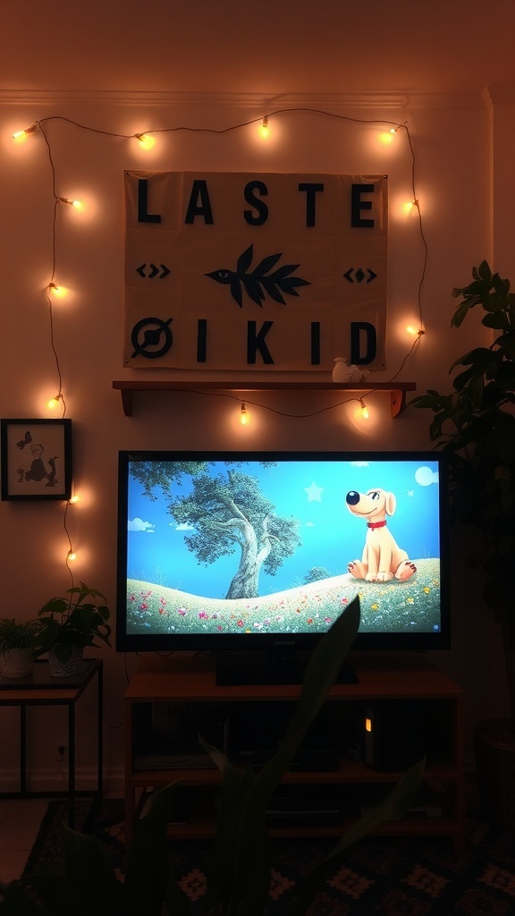 String lights and art decoration above a TV.