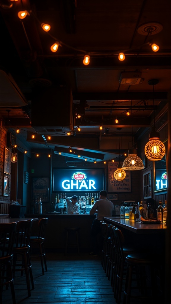 A cozy bar scene with string lights creating ambiance