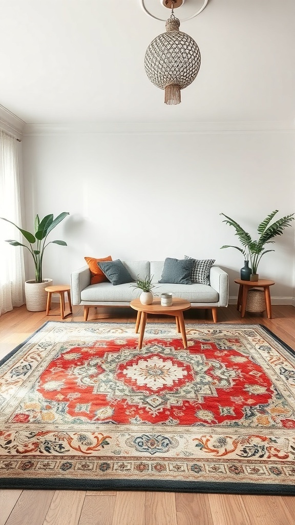 Living room with a stylish area rug, sofa, plants, and decorative elements.