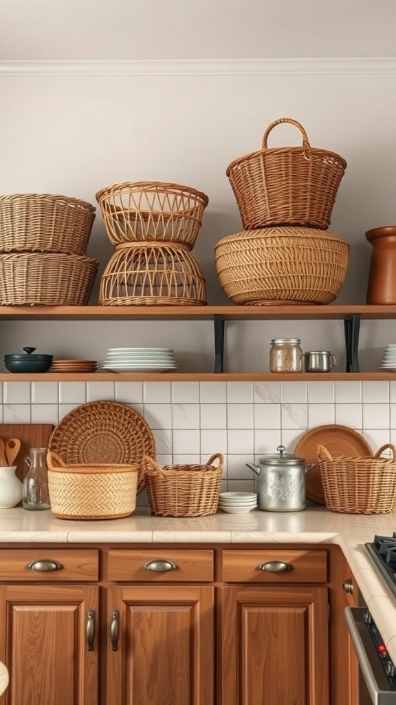Stylish woven baskets arranged above kitchen cabinets for decorative texture.