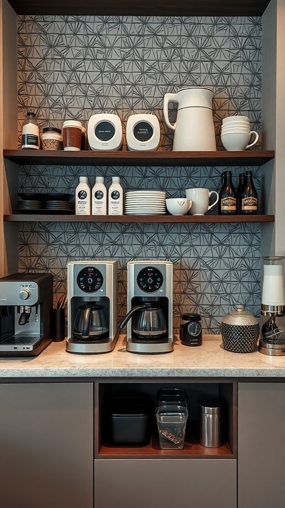 Stylish home coffee station with coffee makers, jars, and elegant dishware on shelves
