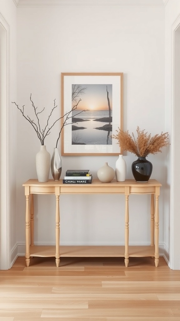 Stylish console table with decorative vases and framed artwork in an entryway