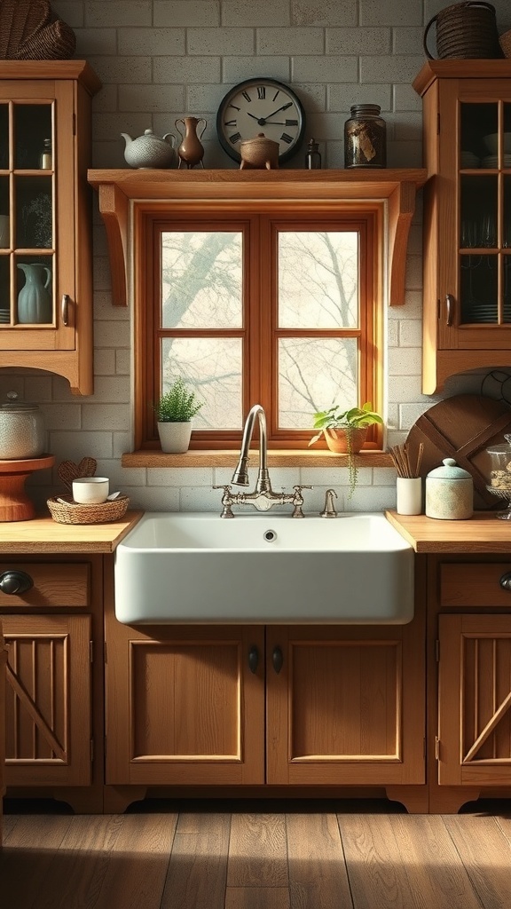 A rustic kitchen featuring a white farmhouse sink, wooden cabinets, and decorative items.