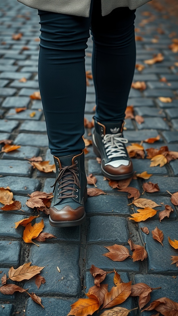 A close-up of stylish autumn boots on a cobblestone path covered with fallen leaves.