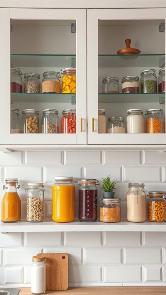 Stylish display of various glass jars filled with colorful ingredients above kitchen cabinets