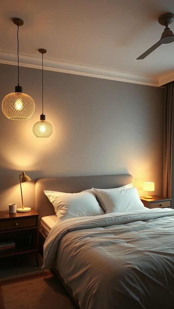 A stylish bedroom featuring pendant lights and table lamps, creating a warm atmosphere.