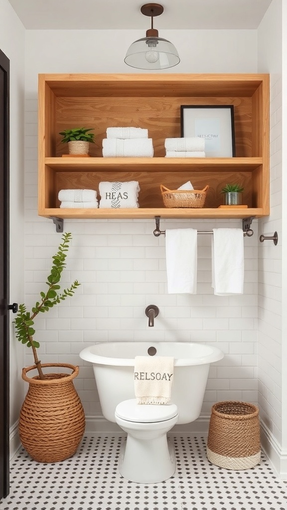 Stylish open shelving in a modern bathroom with towels and decor