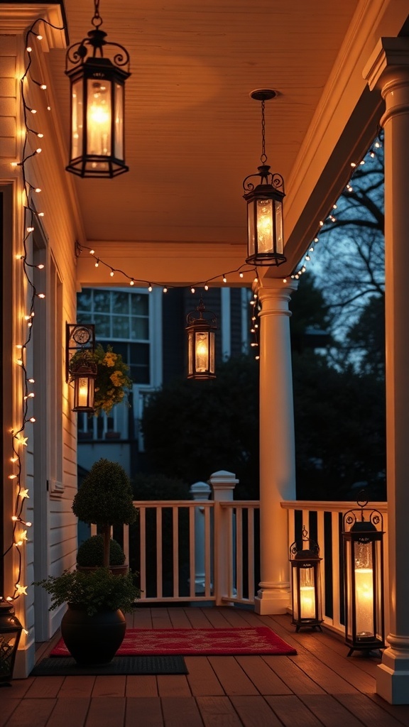 A front porch decorated with hanging lanterns and string lights, creating a warm and inviting atmosphere.