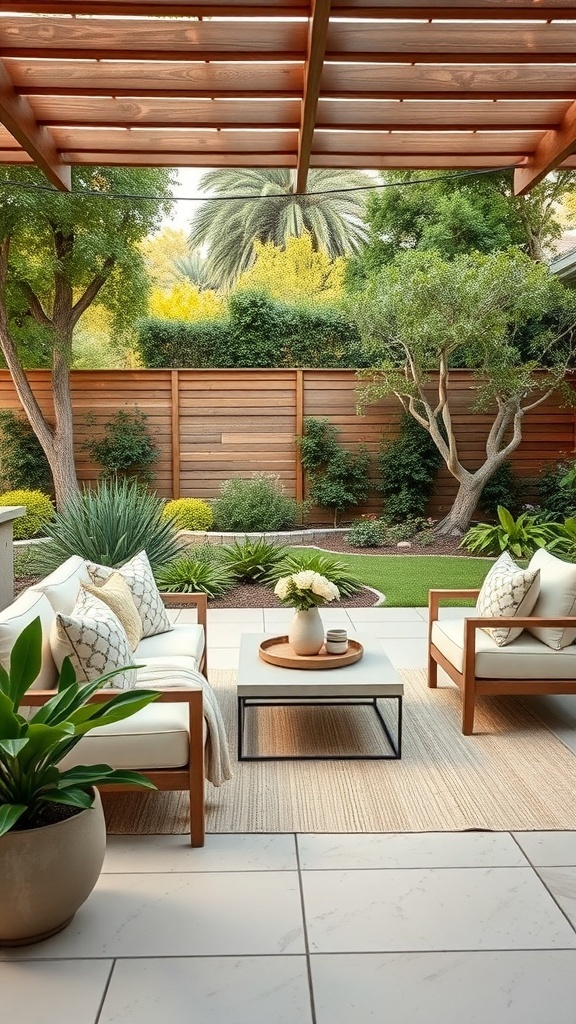 A cozy outdoor lounge area with comfortable seating, a coffee table, and lush greenery in the background.