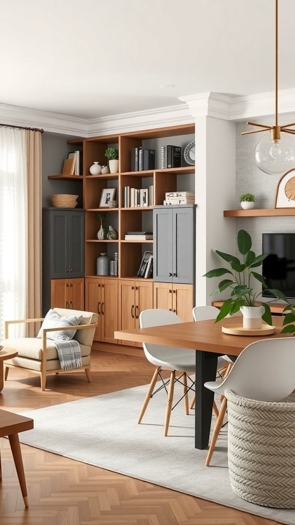 A stylish living room and dining room combo featuring elegant storage solutions.