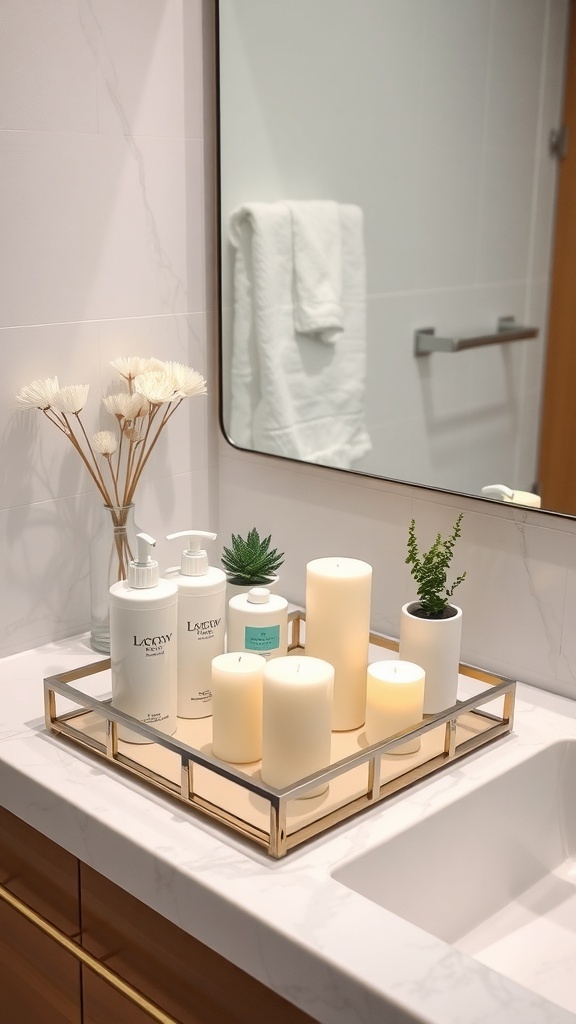 A stylish bathroom counter with a tray holding candles, plants, and skincare products.