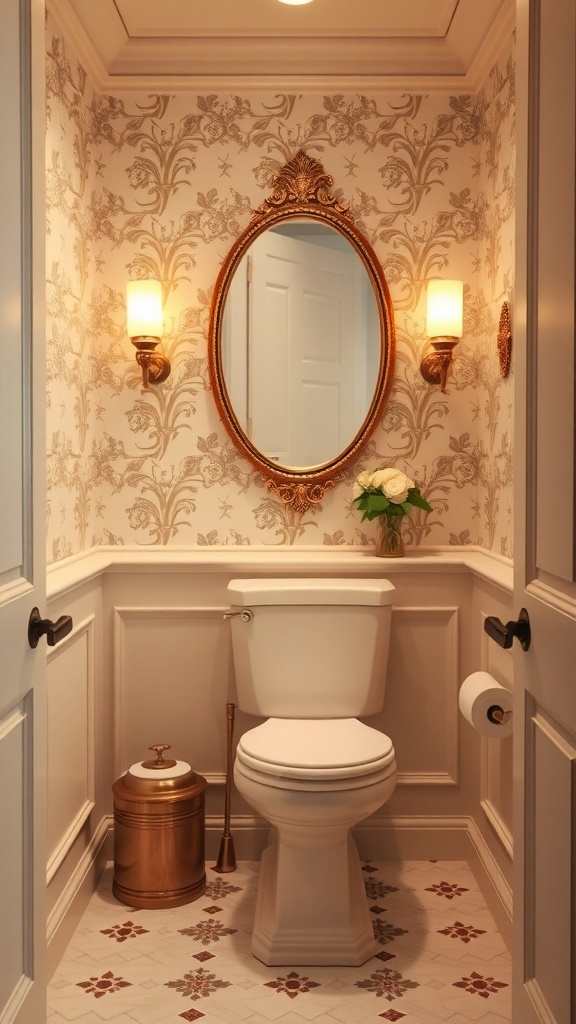 A stylish half bathroom featuring floral wallpaper, an ornate mirror, and elegant lighting.
