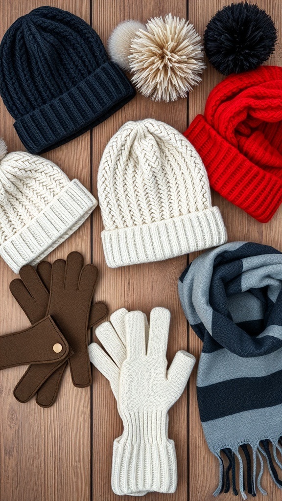 A collection of winter accessories including beanies, gloves, and a scarf on a wooden surface.