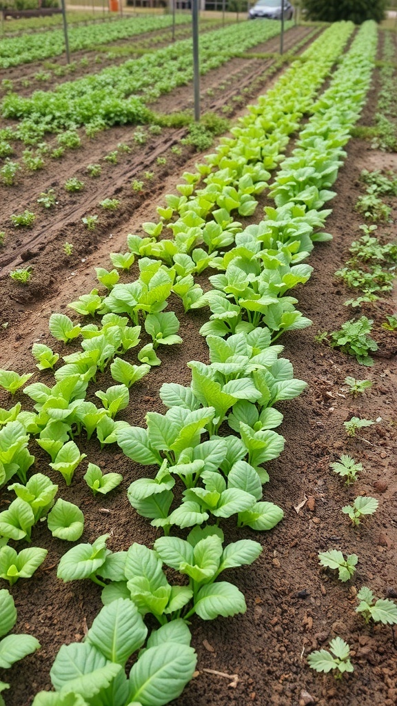 Rows of young vegetable plants in a garden, showcasing succession planting strategies.