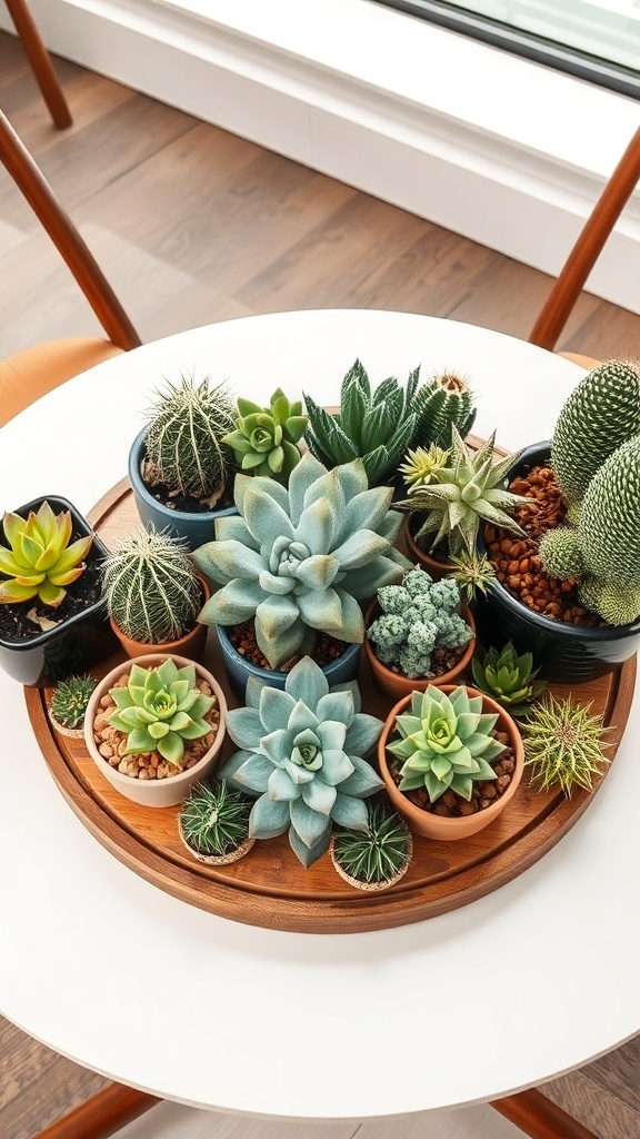 A round wooden tray filled with various succulents and cacti on a table.