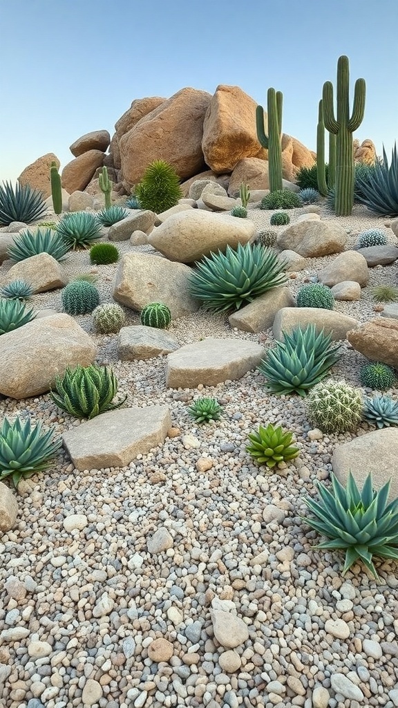 A beautiful succulent rock garden featuring various succulents and rocks.