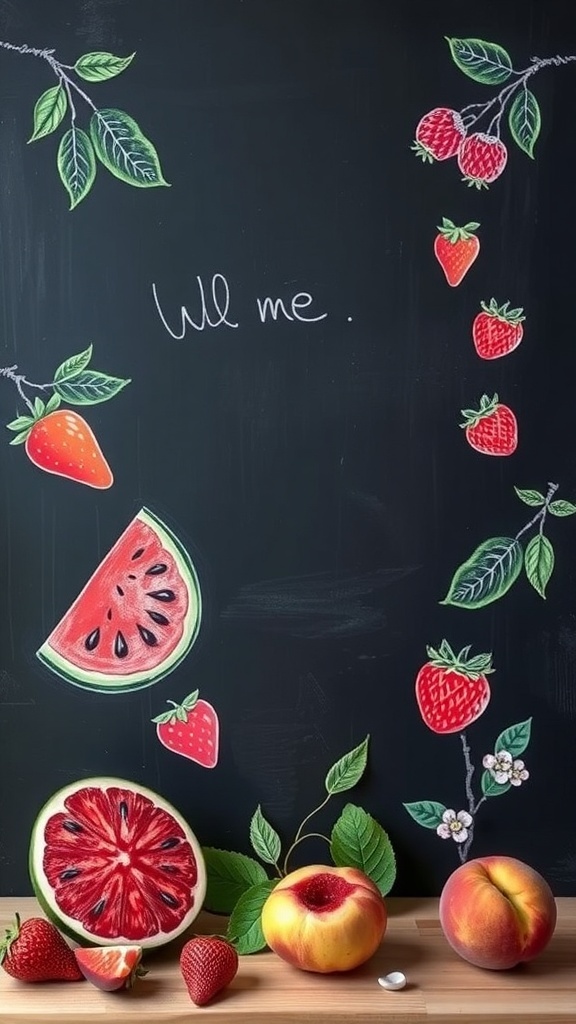 Chalkboard sign with colorful fruit illustrations including strawberries, watermelon, and peaches.