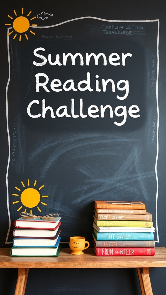A chalkboard displaying 'Summer Reading Challenge' with a stack of colorful books and a smiley mug.