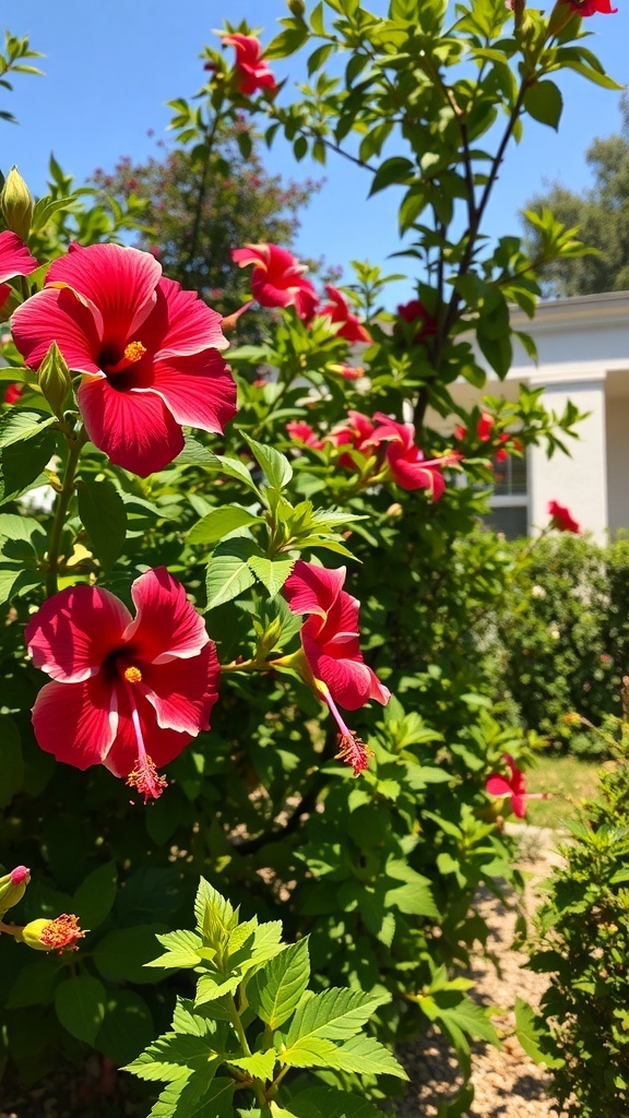 A vibrant hibiscus garden with bright red flowers under sunlight.
