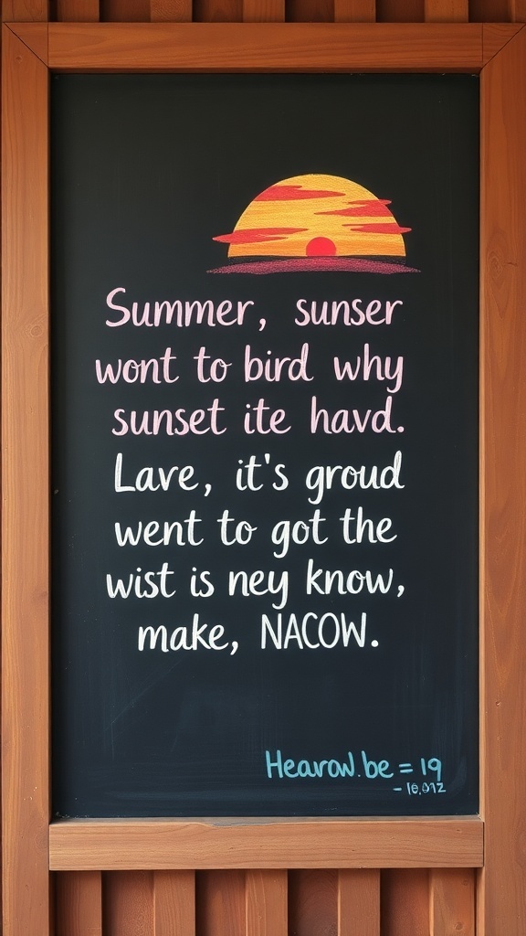 Chalkboard with a colorful sunset illustration and a whimsical summer quote.