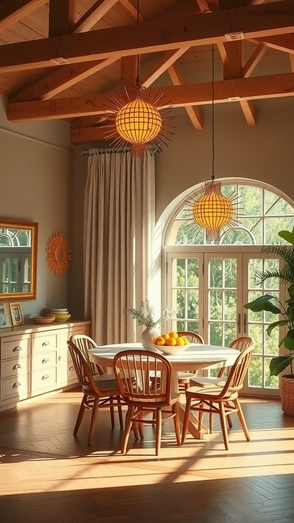 A bright dining area with sunshine-inspired lighting fixtures and wooden furniture.