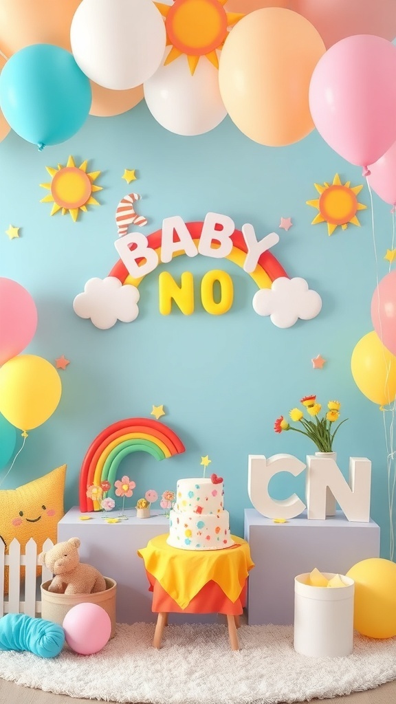 A colorful baby shower setup with sunshine, rainbows, balloons, and a decorated cake.