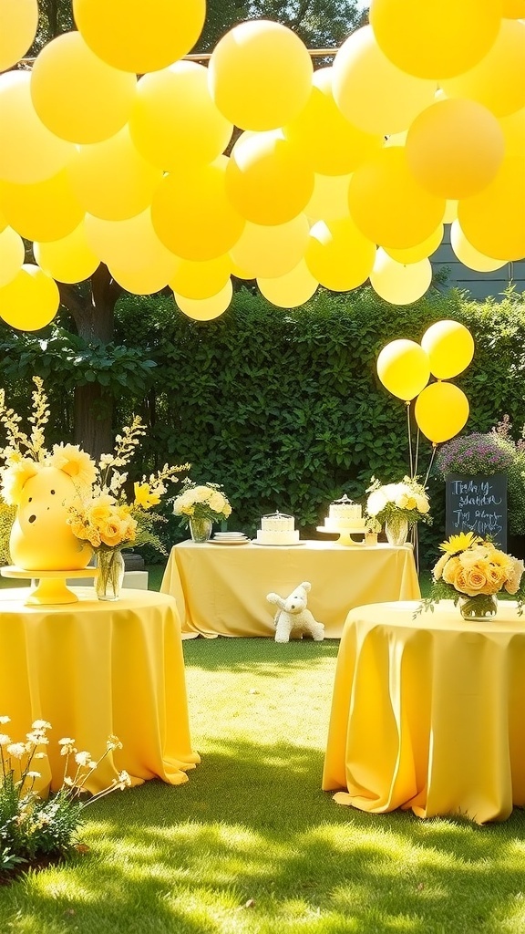 A summer baby shower setup with yellow decor, including balloons, flowers, and tables.