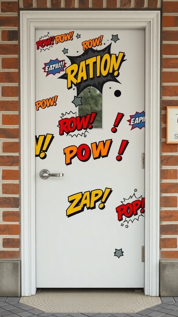A decorated classroom door resembling a superhero comic with vibrant speech bubbles featuring words like 'POW!', 'ZAP!', and 'ROW!'.