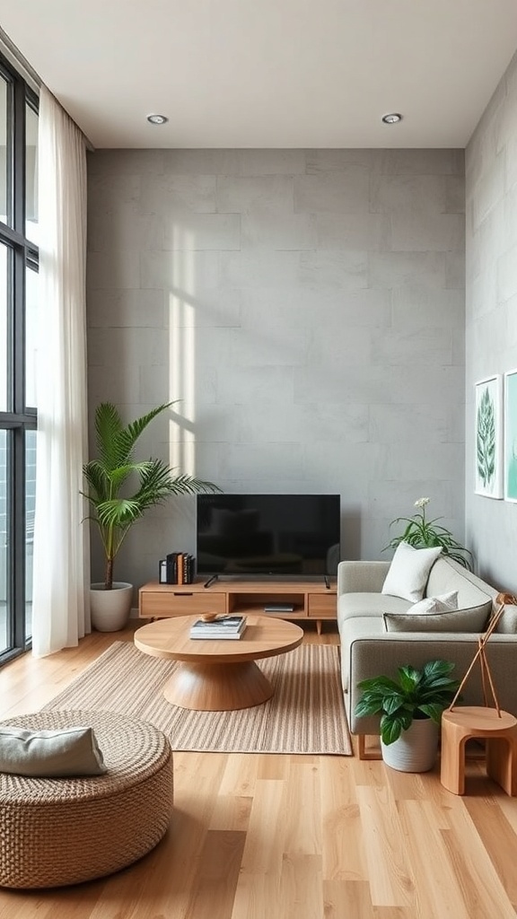 Sleek Japandi living room with natural elements and sustainable design
