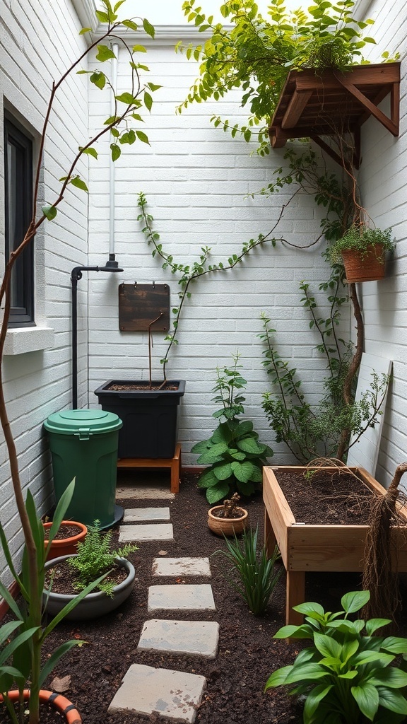 A small courtyard garden featuring raised beds, potted plants, and a compost bin.