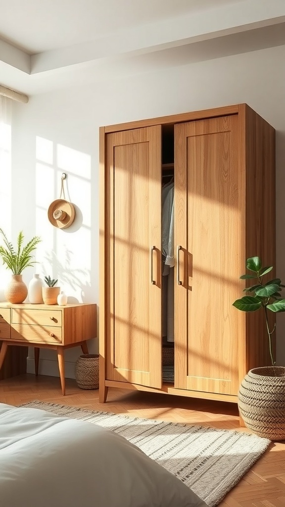 A sustainable wooden wardrobe in a bright bedroom with plants and natural decor.