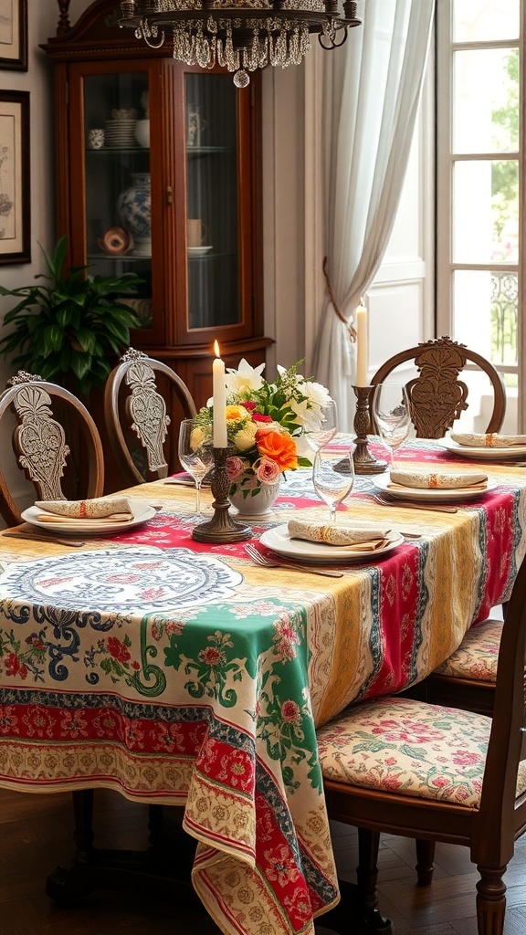 A dining table set with colorful Italian patterned table linens, elegant china, and candles.