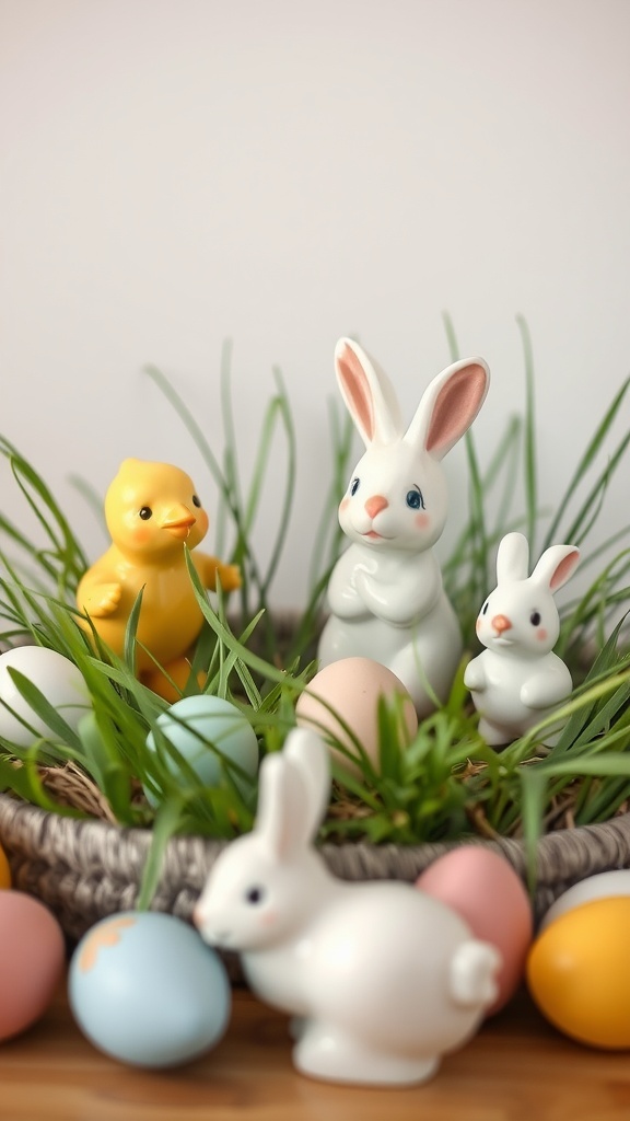 A charming arrangement of tabletop chick and bunny figures surrounded by pastel-colored eggs and grass.