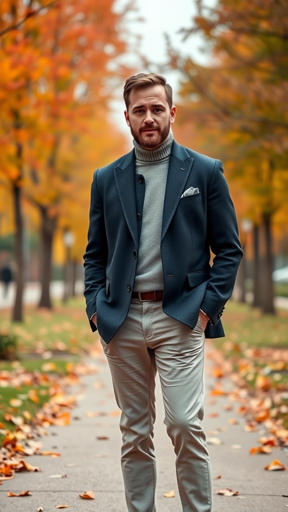A man wearing a tailored blazer and turtleneck, standing in an autumn setting with colorful leaves.