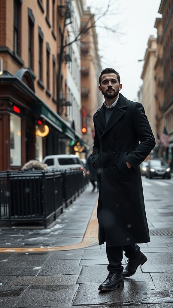 A man walking in a tailored overcoat on a city street during winter.