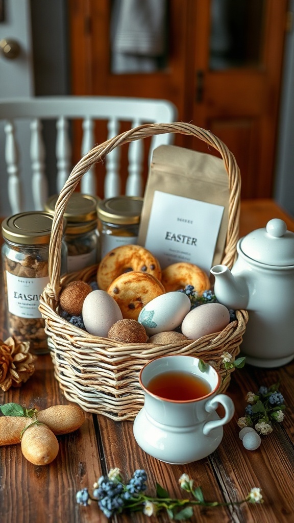 Easter gift basket with tea, cookies, and decorative eggs