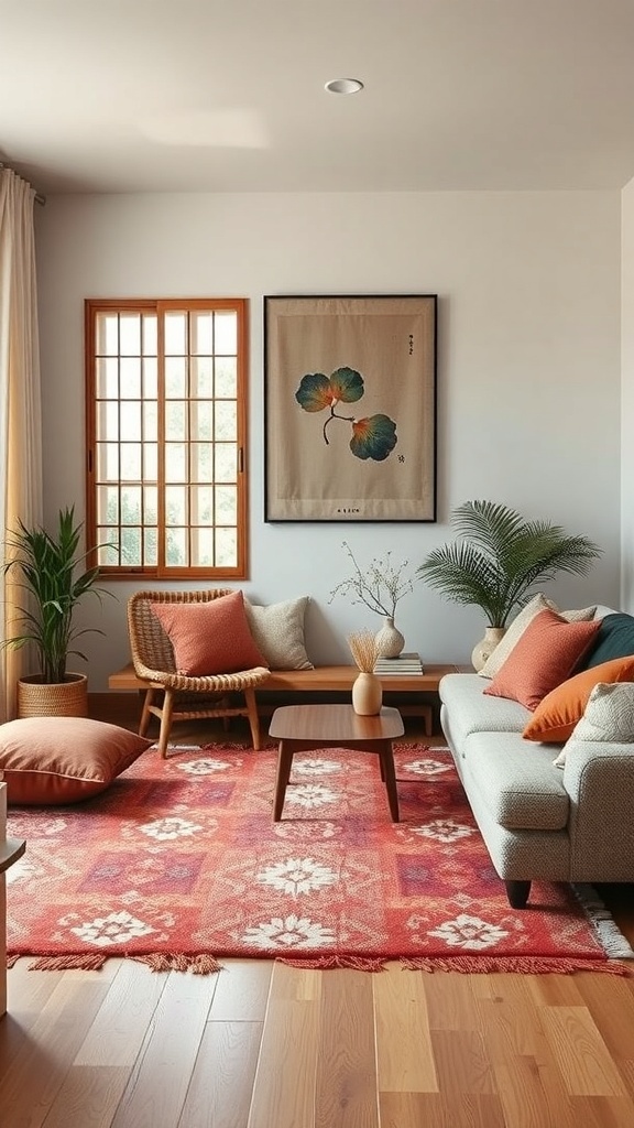 A Japandi living room showcasing a vibrant rug and soft cushions on furniture.