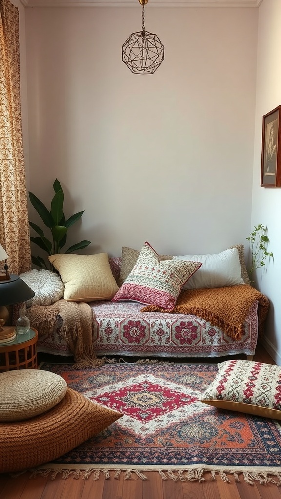 Cozy small room with layered textiles including pillows, a throw, and a patterned rug.