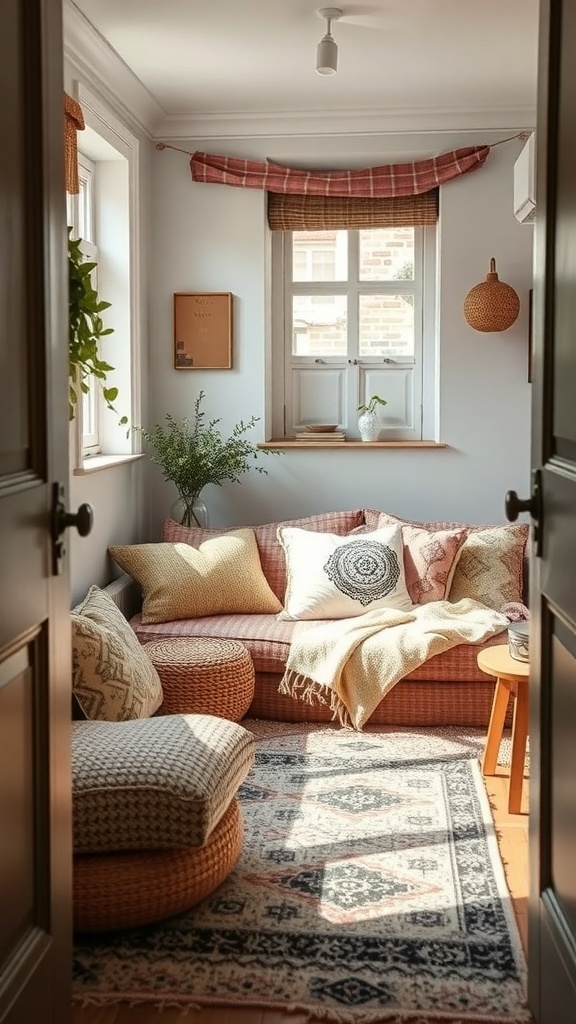 A cozy small room with a sofa adorned with various cushions and a patterned rug, creating a warm and inviting atmosphere.
