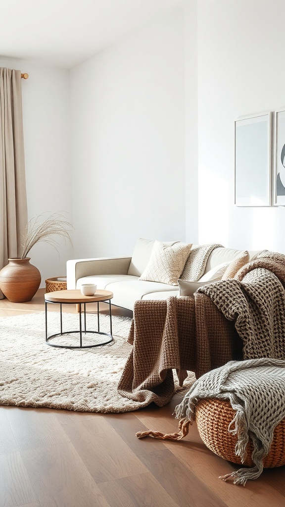 A minimalist living room featuring a beige sofa, textured blankets, a round coffee table, and natural decor elements.