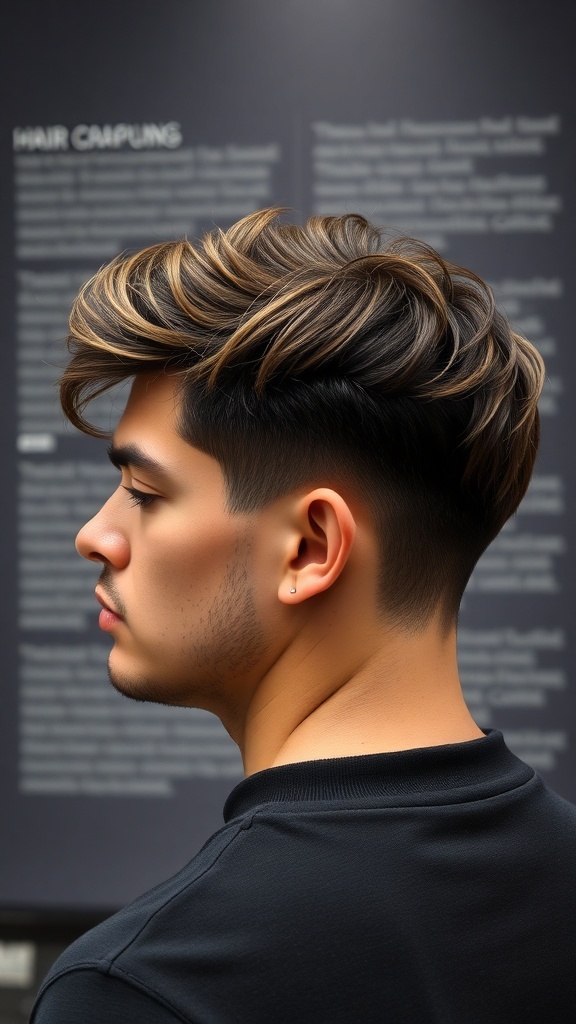 A young man with a textured crop hairstyle, showcasing thick hair styled with volume and movement.