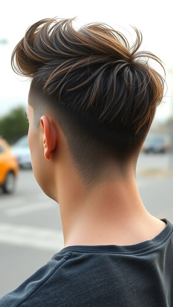 A young man with a textured crop haircut, featuring a fade on the sides and longer, styled hair on top.